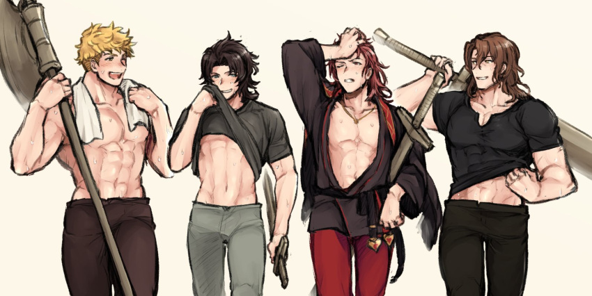 4boys abs axe bara black_pants black_shirt blue_eyes brown_eyes brown_pants clothes_lift dagger granblue_fantasy green_eyes grey_pants hazama_(hazamazama) holding holding_axe holding_dagger holding_knife holding_sword holding_weapon knife lancelot_(granblue_fantasy) large_pectorals looking_at_another male_focus multiple_boys muscular muscular_male navel one_eye_closed pants pectorals percival_(granblue_fantasy) red_eyes red_pants shirt shirt_lift siegfried_(granblue_fantasy) smile sword teeth topless_male towel towel_around_neck vane_(granblue_fantasy) weapon