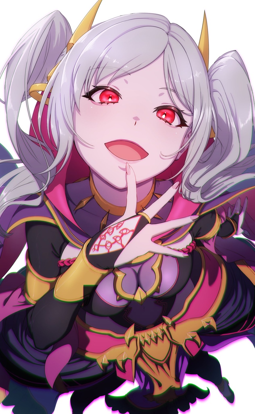 :d aduti_momoyama black_bridal_gauntlets breasts bridal_gauntlets chromatic_aberration commentary_request eyes_of_grima female fingernails fire_emblem fire_emblem_awakening fire_emblem_cipher fire_emblem_heroes grey_hair grima_(fire_emblem) highres long_hair looking_at_viewer medium_breasts official_alternate_costume open_mouth parted_bangs red_eyes robin_(female)_(fell_tactician)_(fire_emblem) robin_(female)_(fire_emblem) robin_(fire_emblem) simple_background smile solo twintails white_background