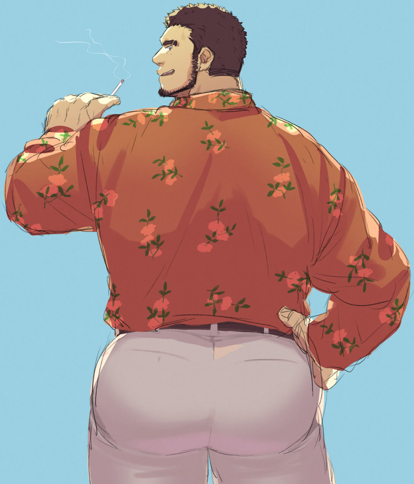 1boy absurdres ass ass_focus bara beard cigarette facial_hair feet_out_of_frame floral_print from_behind full_beard hawaiian_shirt highres holding holding_cigarette huge_ass judge_eyes kaito_masaharu looking_at_viewer looking_back male_focus mature_male muscular muscular_male nogitu pants ryuu_ga_gotoku_(series) shirt short_hair solo standing thick_eyebrows unfinished