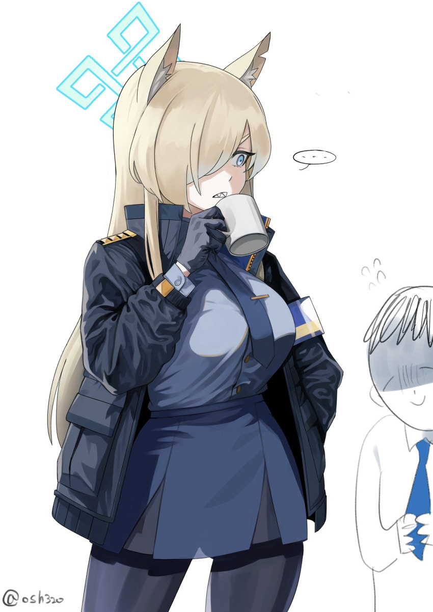 ... 1boy animal_ears armband black_gloves black_jacket black_pantyhose blonde_hair blue_archive blue_armband blue_eyes blue_halo blue_necktie blue_shirt blue_skirt breasts clenched_teeth commentary contrapposto cup dog_ears doodle_inset doodle_sensei_(blue_archive) female flying_sweatdrops frown gloom_(expression) gloves hair_over_one_eye halo hand_in_pocket highres holding holding_cup jacket kanna_(blue_archive) large_breasts looking_at_another mushroom_(osh320) necktie one_eye_covered open_clothes open_jacket pantyhose parted_lips police police_uniform scared sensei_(blue_archive) shaded_face sharp_teeth shirt shirt_tucked_in short_hair simple_background skirt smile solo_focus spoken_ellipsis tareme teeth tented_shirt tie_clip twitter_username uniform v-shaped_eyebrows white_background