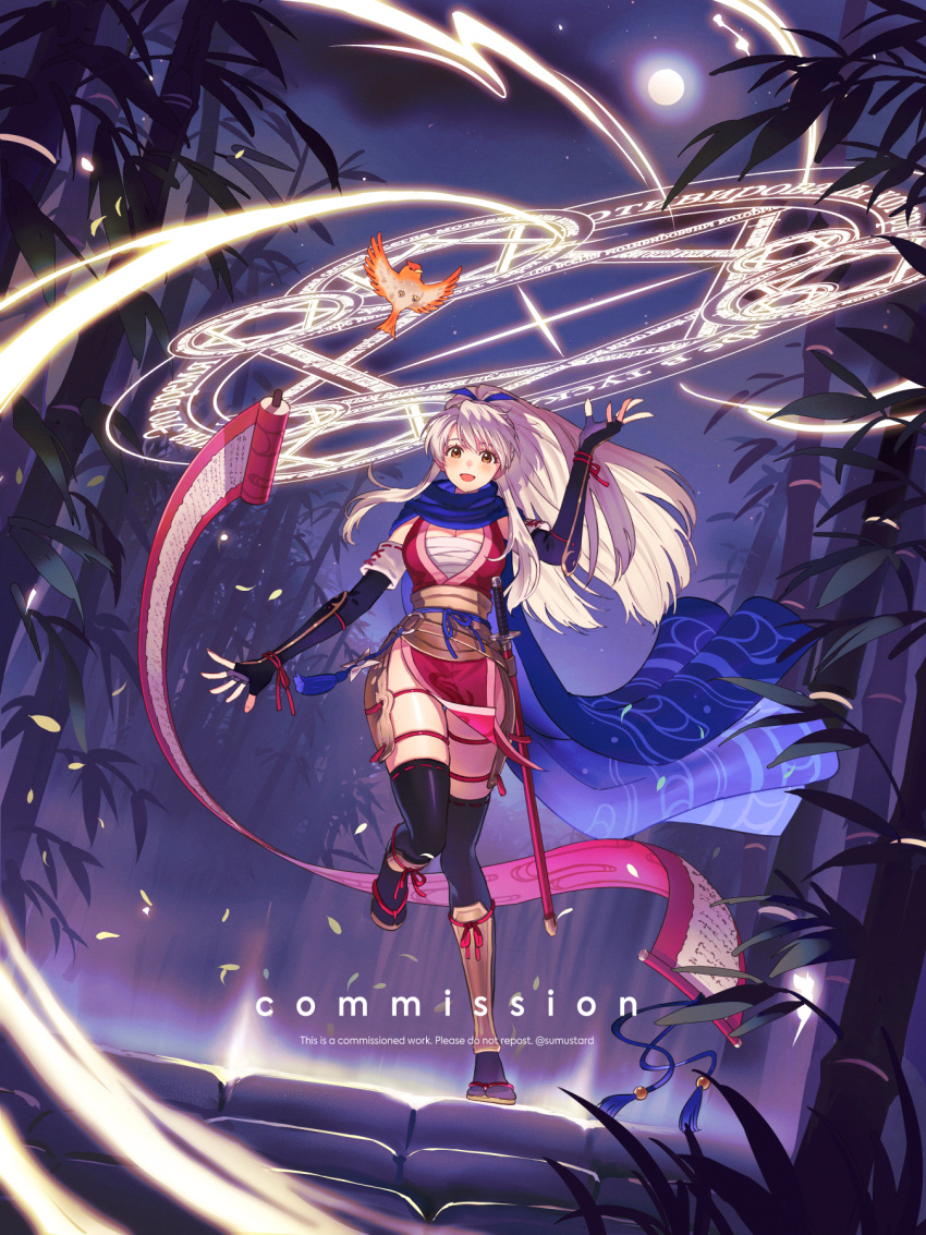 :d bamboo bandages bird black_gloves black_thighhighs blue_scarf chest_sarashi commentary commission elbow_gloves female fire_emblem fire_emblem:_radiant_dawn fire_emblem_heroes full_moon gloves hand_up highres japanese_clothes kimono long_hair looking_at_viewer magic_circle micaiah_(fire_emblem) moon night night_sky official_alternate_costume official_alternate_hairstyle open_mouth outdoors pink_kimono sarashi scabbard scarf scroll sheath sheathed short_kimono sky sleeveless sleeveless_kimono smile solo standing standing_on_one_leg sumustard sword thighhighs thighs very_long_hair weapon white_hair yune_(fire_emblem)