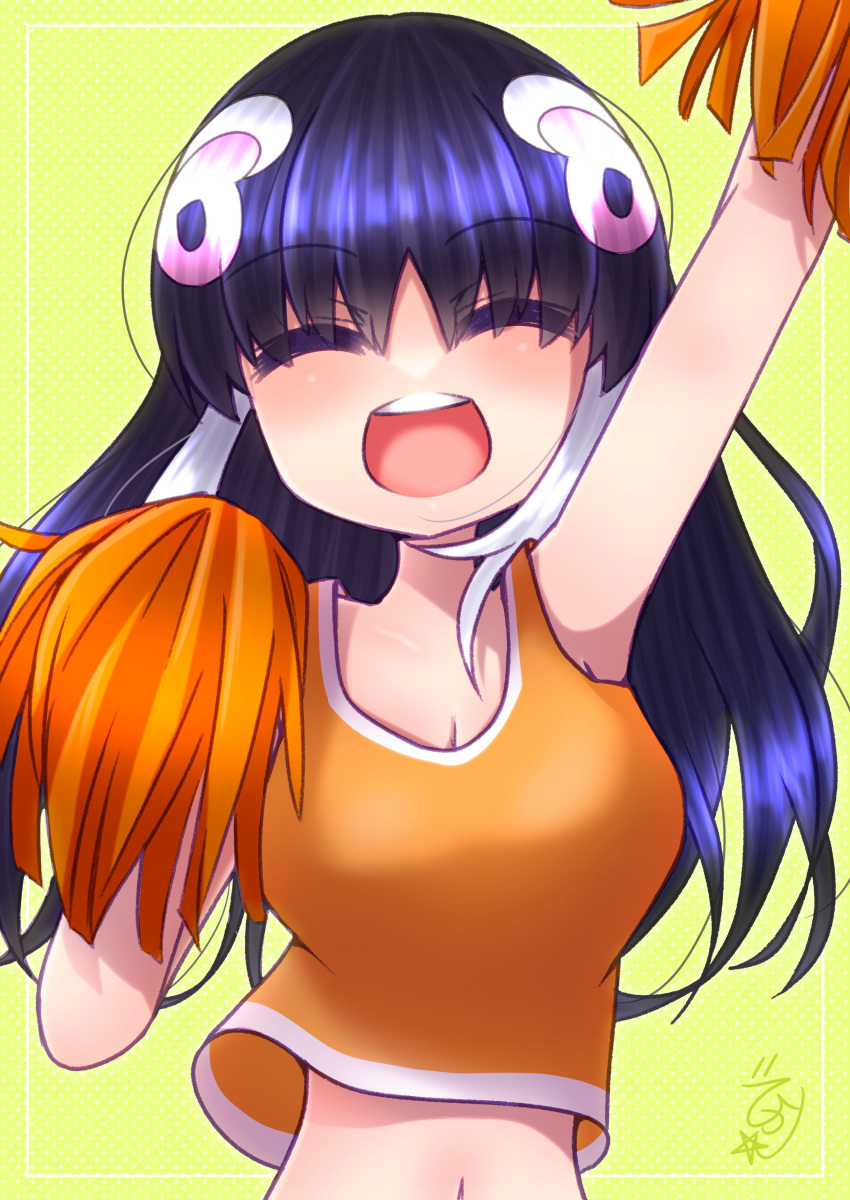 absurdres african_penguin_(kemono_friends) arm_up armpits bare_shoulders black_hair breasts cheerleader female highres hikarikmy holding holding_pom_poms kemono_friends kemono_friends_v_project long_hair looking_at_viewer multicolored_hair navel penguin_girl pink_hair pom_pom_(cheerleading) simple_background smile solo tank_top virtual_youtuber white_hair yellow_background