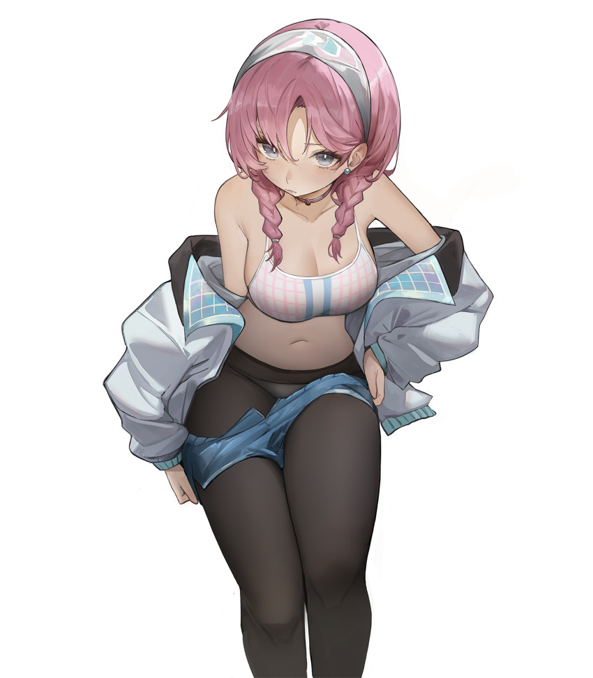 arknights blue_poison_(arknights) blue_poison_(shoal_beat)_(arknights) blue_shorts blush braid breasts choker cleavage closed_mouth commentary earrings female grey_eyes highres jacket jewelry large_breasts looking_at_viewer low_twin_braids off_shoulder official_alternate_costume panties panties_under_pantyhose pantyhose pink_choker pink_hair roupo99 shorts simple_background solo sports_bra twin_braids underwear undressing white_background white_hair white_jacket white_sports_bra