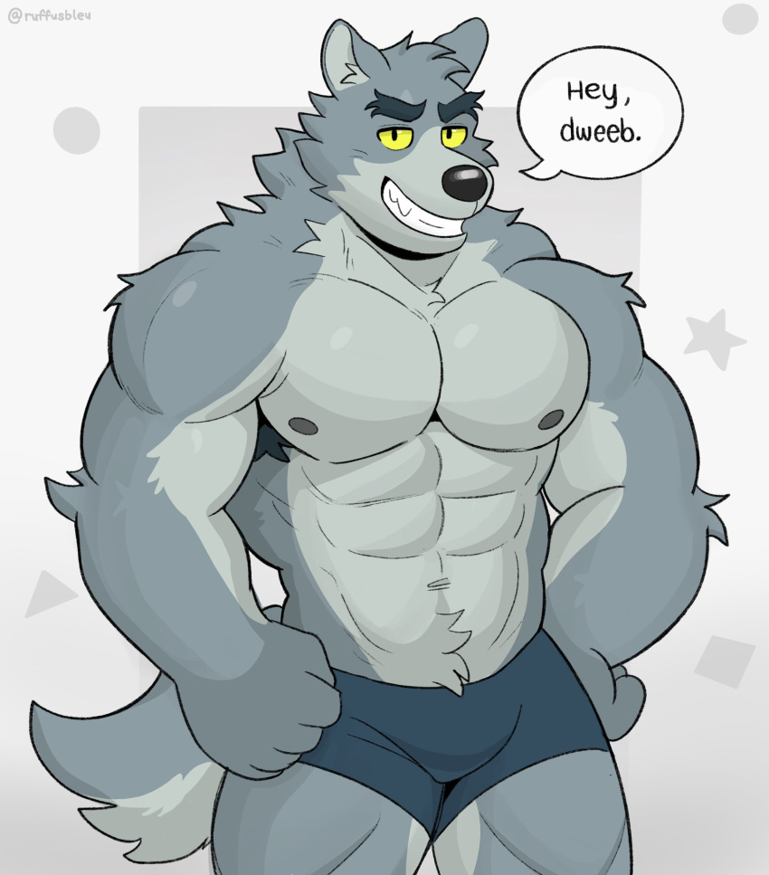 abs anthro canid canine canis cartoon_network clothed clothing english_text eyebrows fur hi_res male mammal muscular muscular_anthro muscular_male pecs ruffusbleu solo speech_bubble tail teeth text topless topless_anthro topless_male we_baby_bears we_bare_bears wolf wolf_(we_baby_bears) yellow_sclera