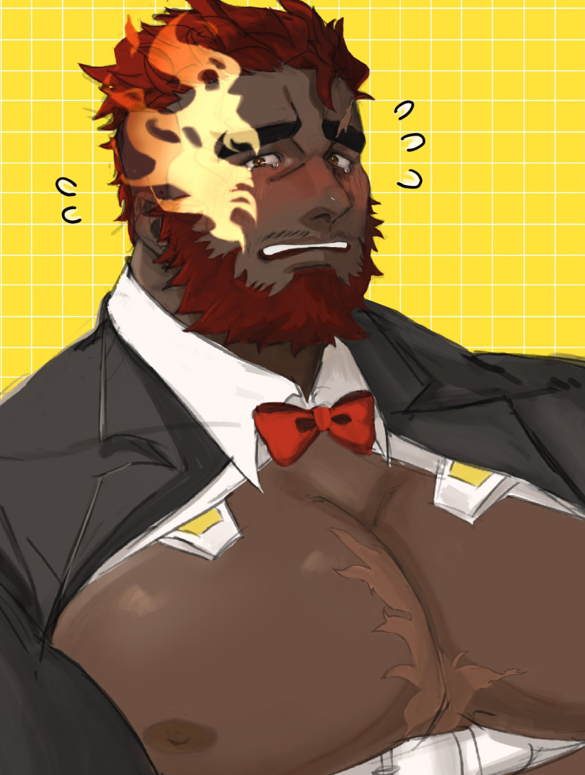 1boy bara bare_pectorals beard bow bowtie chest_harness dark-skinned_male dark_skin eyebrow_cut facial_hair flaming_eye flying_sweatdrops framed_pectorals harness hephaestus_(housamo) highres huge_eyebrows ichito0714 large_pectorals looking_at_viewer male_focus mature_male muscular muscular_male mustache_stubble nipples official_alternate_costume pectorals red_eyes short_hair solo stubble tearing_up thick_beard thick_eyebrows tokyo_afterschool_summoners underbust upper_body very_dark_skin