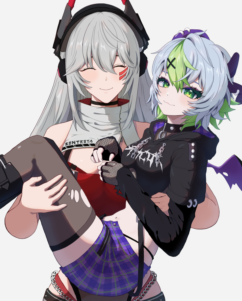 2girls ^_^ absurdres apricot_the_lich apricot_the_lich_(8th_costume) black_choker black_collar black_footwear black_hoodie black_panties blush chains choker closed_eyes collar colored_inner_hair crop_top cropped_hoodie cropped_shirt demon_horns demon_wings english_text eyeshadow facial_mark fingerless_gloves fishnet_gloves fishnet_top fishnets gloves green_eyes green_hair grey_hair hair_ornament headphones highleg highleg_panties highres hood hoodie horns lifting_person long_hair long_sleeves looking_at_viewer makeup meibin multicolored_hair multiple_girls multiple_horns o-ring_collar panties purple_eyeshadow purple_horns purple_wings red_panties shirt short_hair short_shorts shorts single_thighhigh sleeveless sleeveless_shirt smile spiked_collar spikes streaked_hair thighhighs torn_clothes torn_thighhighs underwear virtual_youtuber vshojo white_background wings x_hair_ornament zentreya zentreya_(cyborg) zentreya_(cyborg)_(2nd_costume)