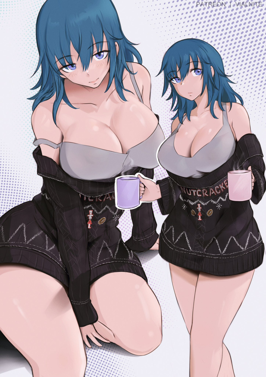 alternate_costume bare_shoulders black_sweater blue_eyes blue_hair breasts byleth_(female)_(fire_emblem) byleth_(fire_emblem) christmas cleavage cup english_commentary feet_out_of_frame female fire_emblem fire_emblem:_three_houses grey_background grey_tank_top highres holding holding_cup large_breasts long_hair long_sleeves looking_at_viewer mug off-shoulder_sweater off_shoulder solo standing strap_slip sweater tank_top thighs vialnite