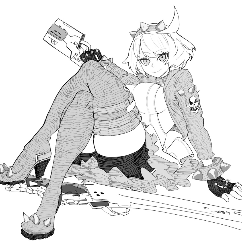 arqa bike_shorts boots bracelet breasts collar dress elphelt_valentine female frilled_dress frills greyscale guilty_gear guilty_gear_strive gun hairband highres holding holding_gun holding_weapon jacket jewelry large_breasts long_sleeves looking_at_viewer monochrome short_hair sideboob sitting smile spiked_bracelet spiked_collar spiked_hairband spikes thick_thighs thigh_boots thighs two-tone_dress weapon