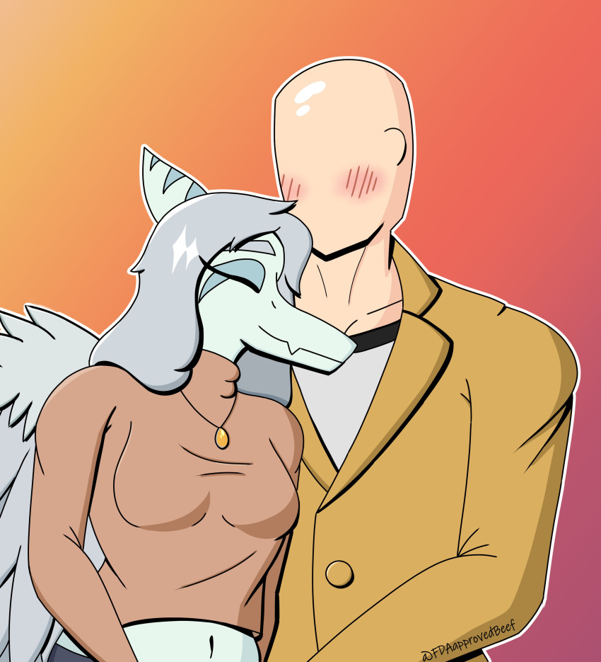 absurd_res amber_(gem) amber_(material) anon_(snoot_game) anthro bald blazer blue_body blue_scales blush bone_frill bottomwear breasts cavemanon_studios closed_eyes clothed clothing colored crop_top cropped_sweater detailed_background duo extinct faceless_character faceless_human faceless_male fang_(gvh) fdaapprovedbeef feathered_wings feathers female female_anthro female_on_human frill_(anatomy) goodbye_volcano_high grey_body grey_feathers hair hi_res human human_on_anthro interspecies jacket jewelry lucy_(snoot_game) male male/female mammal navel necklace nuzzling pants pendant prehistoric_species pterodactylus pterosaur reptile romantic romantic_couple scales scalie shirt silver_hair slight_smile snoot_game snout striped_frill sweater topwear wings