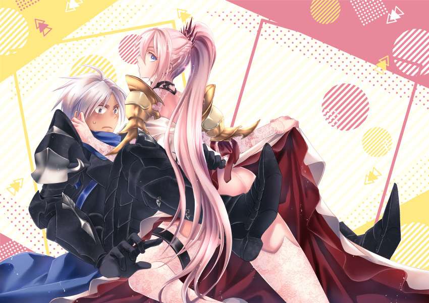 1boy alphen_(tales) armor armored_boots armored_dress ass black_eyes black_gloves blue_eyes boots braid cape crown_braid dress female gloves hair_between_eyes hanasakuraya highres long_hair pauldrons ponytail shionne_(tales) short_hair shoulder_armor tales_of_(series) tales_of_arise white_hair