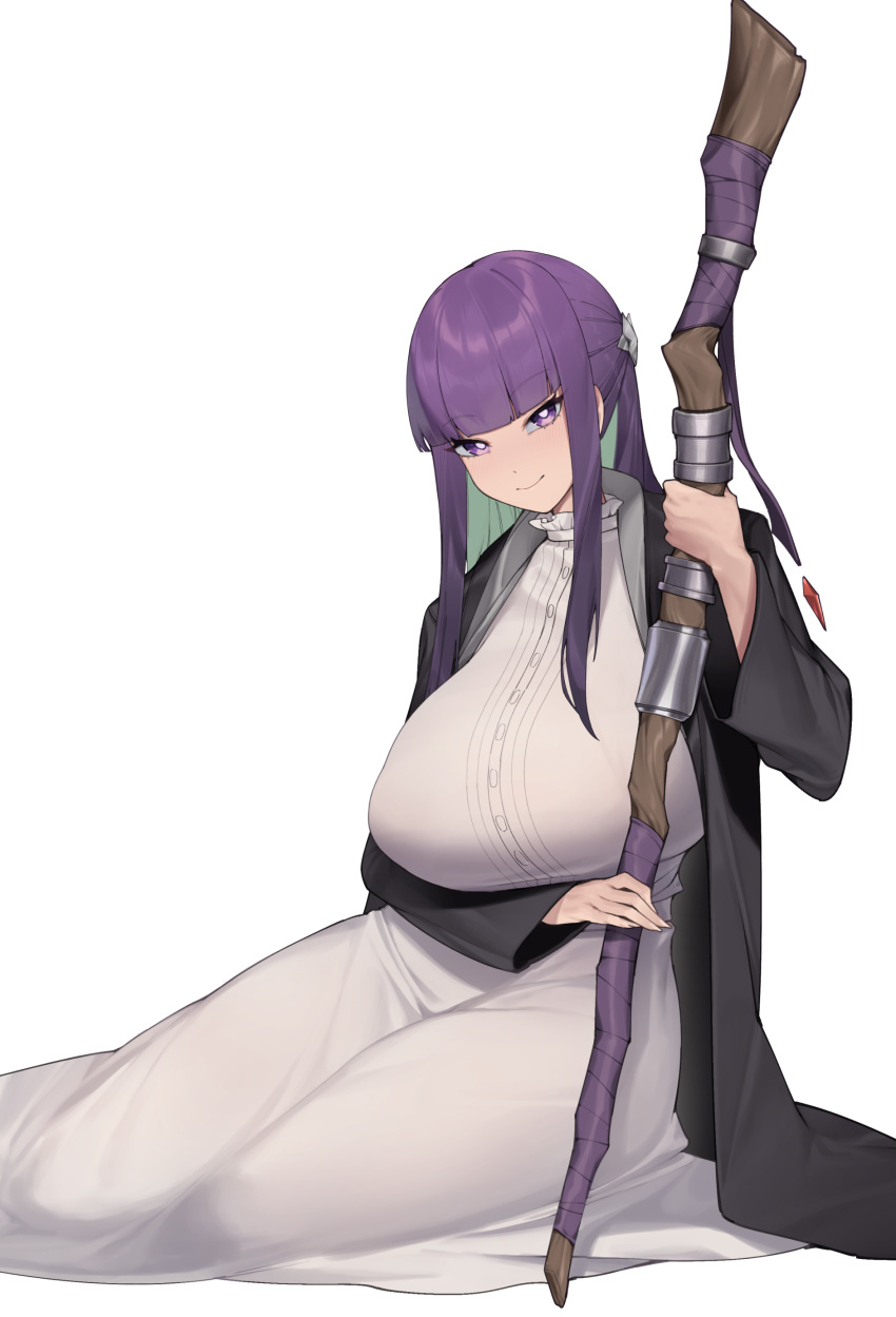 absurdres alternate_breast_size arm_under_breasts befe black_cloak black_coat blunt_bangs breasts buttons cloak closed_mouth coat colored_inner_hair dress feet_out_of_frame female fern_(sousou_no_frieren) half_updo highres holding holding_staff huge_breasts long_coat long_hair looking_at_viewer multicolored_hair purple_eyes purple_hair seductive_smile sidelocks simple_background sitting smile solo sousou_no_frieren staff straight_hair transparent_background white_dress yokozuwari