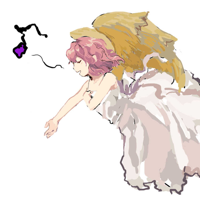 closed_eyes commentary_request dress dress_ribbon female hand_on_own_chest harpy_(puyopuyo) highres kaigen_1025 music musical_note open_mouth outstretched_arm pink_hair puyopuyo ribbon simple_background singing sleeveless sleeveless_dress white_background white_dress white_ribbon wings yellow_wings