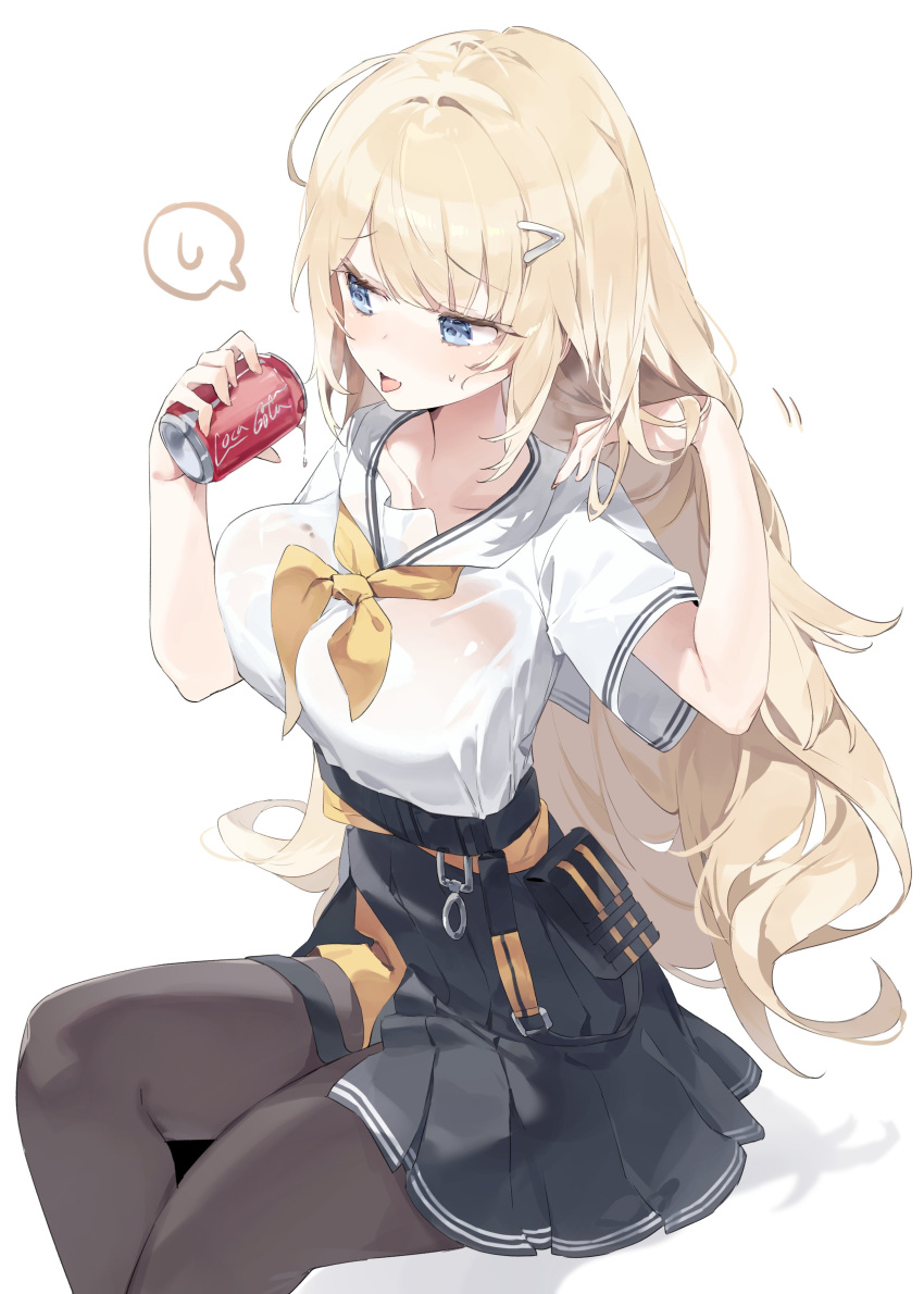 absurdres black_pantyhose black_skirt blonde_hair blue_eyes blush breasts can character_request coca-cola commentary commission copyright_request drink_can female hair_ornament hairclip highres holster hot korean_commentary large_breasts long_hair meunhongcha neckerchief open_mouth pantyhose pleated_skirt sailor_collar school_uniform see-through see-through_shirt serafuku shirt short_sleeves simple_background sitting skirt soda soda_can solo spoken_sweatdrop sweat sweatdrop tongue tongue_out wet wet_clothes wet_shirt white_background yellow_neckerchief