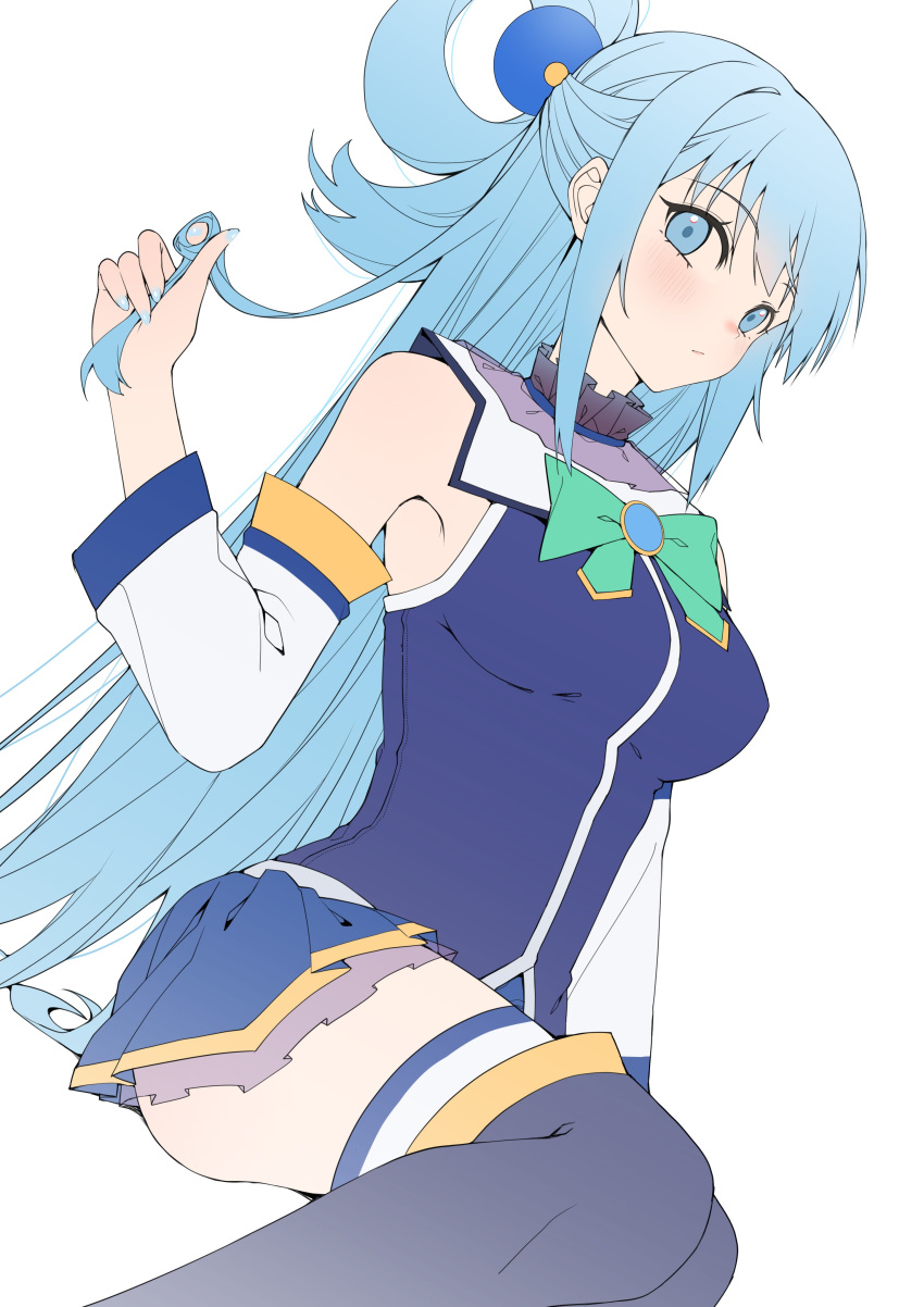 absurdres ai-nohikari aqua_(konosuba) aqua_bow aqua_bowtie black_footwear blue_eyes blue_hair blue_shirt blue_skirt boots bow bowtie breasts closed_mouth detached_sleeves dutch_angle feet_out_of_frame female highres knee_boots kono_subarashii_sekai_ni_shukufuku_wo! light_blush long_hair looking_at_viewer medium_breasts miniskirt shirt simple_background sitting skirt sleeveless sleeveless_shirt smile solo unfinished white_background