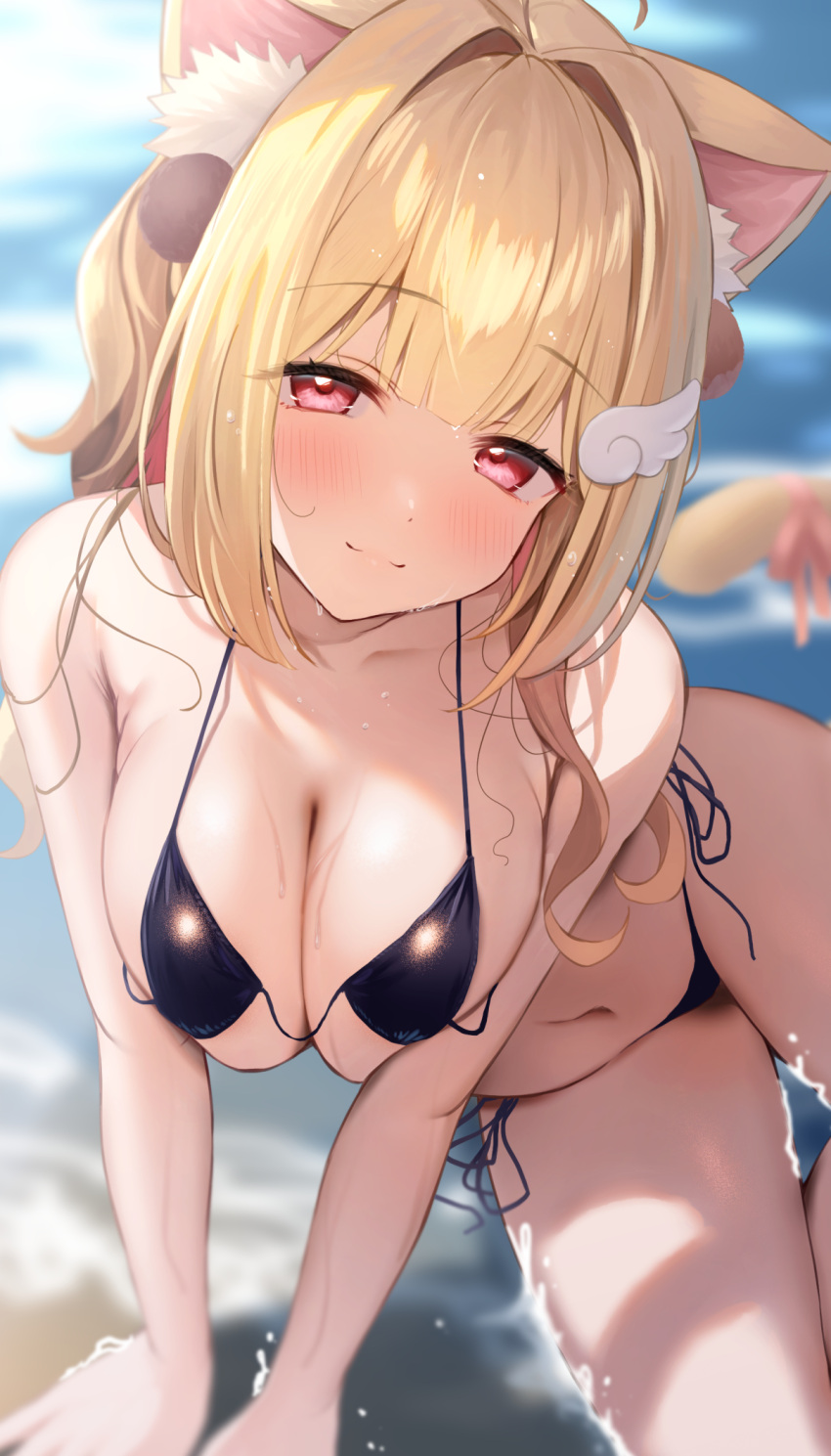 ahoge animal_ear_fluff animal_ears armpit_crease beach bikini black_bikini blonde_hair blurry blush breasts cat_ears cat_tail commentary commission depth_of_field dot_nose female hair_intakes hands_on_ground head_tilt highres kemomimi_refle! large_breasts long_hair looking_at_viewer nekoma_karin outdoors partially_submerged pink_ribbon ray_mil68 red_eyes ribbon side-tie_bikini_bottom sitting skeb_commission solo swimsuit tail tail_ornament tail_ribbon tareme virtual_youtuber water wet wing_hair_ornament