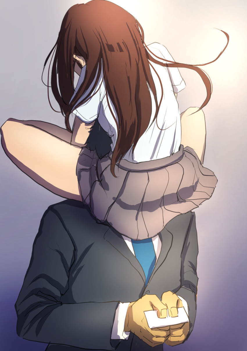 1boy black_jacket brown_hair business_card commentary_request face_hug female formal highres hug idolmaster idolmaster_cinderella_girls jacket leg_lock oshou_(o_shou) pleated_skirt producer_(idolmaster) producer_(idolmaster_cinderella_girls_anime) school_uniform shibuya_rin shirt shirt_tucked_in simple_background sitting_on_shoulder skirt straight white_shirt