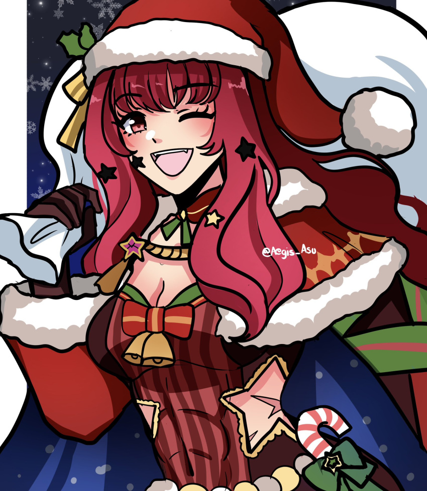 asukaaasuu breasts brown_gloves christmas cleavage cleavage_cutout clothing_cutout facial_mark female fire_emblem fire_emblem_engage fire_emblem_heroes gloves hair_ornament hat highres holding holding_sack long_hair official_alternate_costume one_eye_closed red_eyes red_hair sack santa_hat smile solo star_(symbol) star_facial_mark star_hair_ornament teeth upper_teeth_only yunaka_(fire_emblem) yunaka_(fire_emblem)_(spirited_envoy)