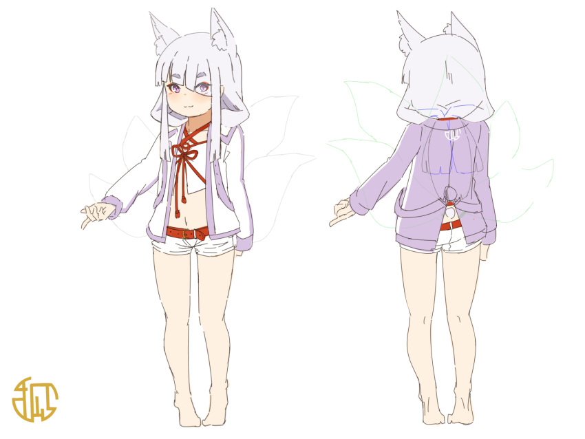 animal_ears bare_legs barefoot belt belt_buckle buckle closed_mouth collarbone diagonal_bangs eyes_visible_through_hair female fox_ears fox_girl fox_tail hair_over_one_eye highres jacket kitsune kneepits koyuki_(kuro_kosyou) kuro_kosyou long_sleeves multiple_views navel open_clothes open_jacket original puffy_long_sleeves puffy_sleeves purple_eyes red_belt short_eyebrows short_shorts shorts simple_background smile tail thick_eyebrows turnaround white_background white_jacket white_shorts