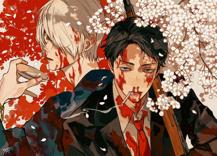 2boys alcohol black_hair black_jacket blood blood_on_clothes blood_on_face cherry_blossoms cigarette closed_mouth collared_shirt commentary_request cup fingernails flower gegege_no_kitarou hair_over_one_eye hand_up highres holding holding_cup jacket kagoya1219 kitarou_tanjou:_gegege_no_nazo looking_at_viewer male_focus medama_oyaji_(human) mizuki_(gegege_no_kitarou) multiple_boys necktie one_eye_covered over_shoulder petals red_eyes red_necktie sakazuki sake scar scar_across_eye shirt short_hair signature smoke smoking suit_jacket upper_body weapon weapon_over_shoulder white_flower white_hair white_shirt