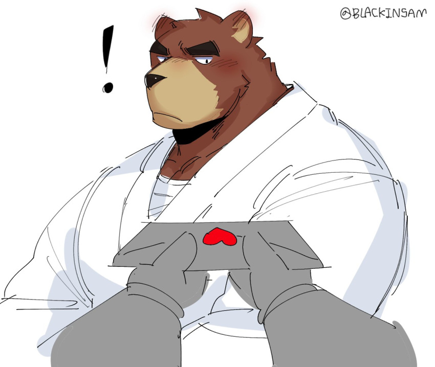 2023 anthro artist_name bear black_bear blackinsam blush brown_body brown_fur clothing colored countershade_snout countershading duo exclamation_point fur heart_symbol juuichi_mikazuki keikogi letter male mammal martial_arts_uniform moon_bear morenatsu multicolored_body multicolored_fur simple_background snout solo_focus sportswear tan_body tan_fur two_tone_body two_tone_fur ursine white_background white_clothing