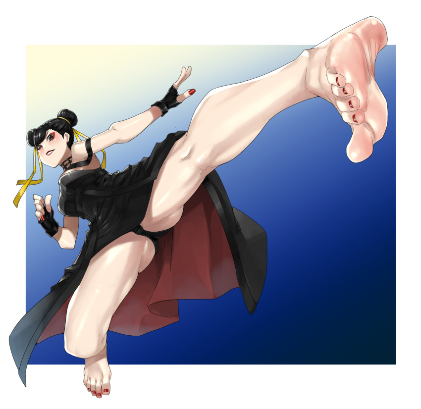 barefoot black_dress black_hair breasts brown_eyes chun-li cosplay double_bun dress eiji_(eiji) eyeliner feet female fingerless_gloves foot_focus foreshortening gloves gradient_background hair_bun highres incoming_kick large_breasts looking_at_viewer makeup panties pantyshot red_eyeliner red_nails soles spy_x_family street_fighter street_fighter_6 underwear yor_briar yor_briar_(cosplay)