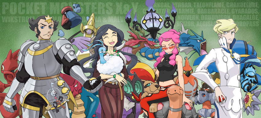 2boys 2girls aegislash altaria armor ascot barbaracle black_hair blonde_hair breasts chandelure character_name clawitzer closed_eyes colored_sclera copyright_name crop_top dragalge drasna_(pokemon) druddigon fangs gyarados highres holding holding_poke_ball klefki malva_(pokemon) multiple_boys multiple_girls noivern open_mouth pauldrons pink_hair poke_ball poke_ball_(basic) pokemon pokemon_(creature) pokemon_xy probopass pyroar pyroar_(female) red-tinted_eyewear red_sclera scizor shoulder_armor siebold_(pokemon) starmie talonflame tinted_eyewear torkoal wackybee wikstrom_(pokemon) yellow_sclera