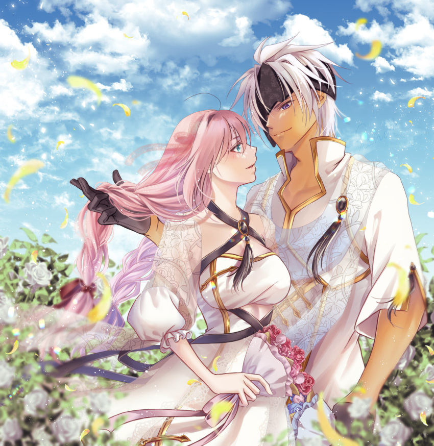 1boy alphen_(tales) black_gloves blue_eyes blue_sky bouquet braid breasts brooch cloud eyepatch falling_petals female field flower flower_field gloves hanasakuraya highres holding holding_bouquet jewelry low_twin_braids outdoors petals playing_with_another's_hair purple_eyes rose scarf shionne_(tales) sky smile tales_of_(series) tales_of_arise twin_braids white_flower white_hair white_rose