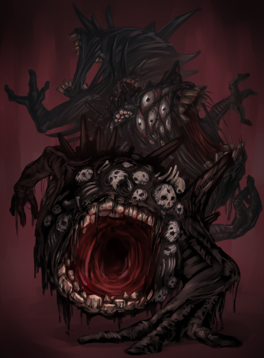 absurdres black_eyes commentary eldritch_abomination english_commentary extra_teeth full_body highres hold111 horror_(theme) lobotomy_corporation looking_at_viewer monster mountain_of_smiling_bodies no_humans open_mouth project_moon ribs skull solo teeth