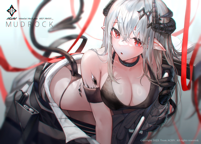 a0lp arknights bare_shoulders bikini black_bikini black_choker black_gloves blurry breasts choker crossed_bangs demon_girl demon_horns demon_tail depth_of_field english_text female gloves highres horns jacket leaning_forward long_hair looking_at_viewer messy_hair mudrock_(arknights) open_clothes open_jacket open_mouth originium_(arknights) pointy_ears red_eyes shiny_skin solo swimsuit tail very_long_hair white_background white_hair