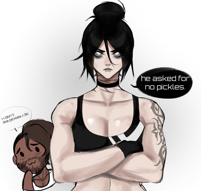 1boy :3 absurdres alternate_costume alternate_muscle_size apex_legends arm_tattoo black_choker black_gloves black_hair black_sports_bra breasts brown_hair choker cleavage collarbone commentary dark-skinned_male dark_skin english_commentary english_text excuse_me_he_asked_for_no_pickles_(meme) facial_hair female frown gloves goatee grey_eyes grey_lips hair_between_eyes hair_bun highres lip_piercing looking_at_viewer medium_breasts meme mirage_(apex_legends) muscular muscular_female neck_tattoo nsfwolf piercing shirt single_hair_bun smile smug speech_bubble sports_bra straight-on tattoo white_background white_shirt wraith_(apex_legends)