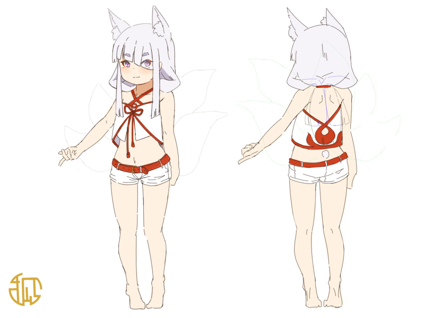 animal_ears bare_arms bare_legs bare_shoulders barefoot belt belt_buckle buckle closed_mouth collarbone commentary_request diagonal_bangs eyes_visible_through_hair female fox_ears fox_girl fox_tail hair_over_one_eye highres kitsune kneepits koyuki_(kuro_kosyou) kuro_kosyou multiple_views navel original purple_eyes red_belt short_eyebrows short_shorts shorts simple_background smile tail thick_eyebrows turnaround white_background white_shorts