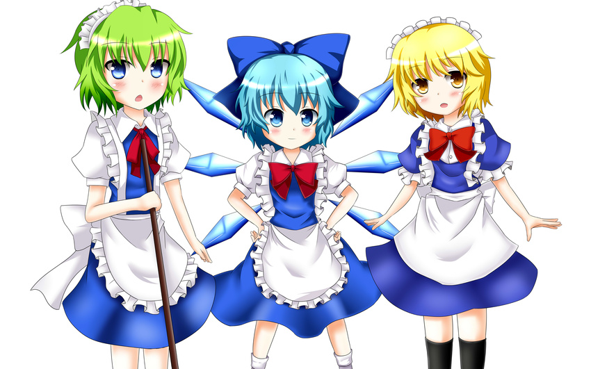 3girls absurdres alternate_costume blonde_hair blue_eyes blue_hair cirno commentary_request enmaided green_hair hands_on_own_hips highres ice ice_wings maid maid_headdress mugetsu_(touhou) multiple_girls red_ribbon ribbon ruukoto touhou touhou_(pc-98) wings yellow_eyes yuyumi_(yuurei)