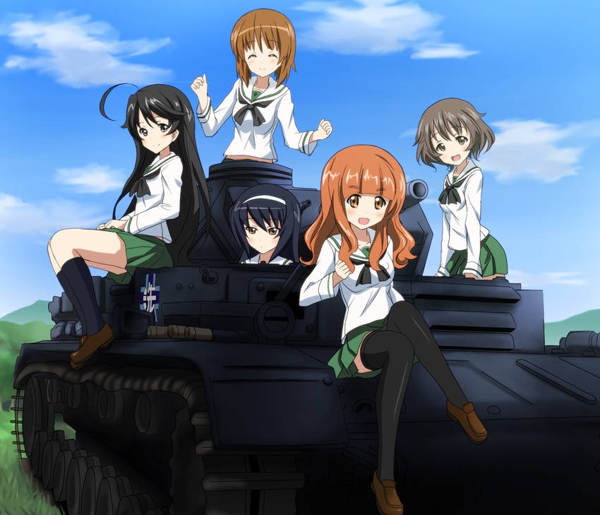 5girls ahoge akiyama_yukari black_eyes black_hair black_socks black_thighhighs blouse blunt_bangs blush brown_eyes brown_footwear brown_hair caterpillar_tracks closed_eyes cloud cloudy_sky commentary_request day emblem girls_und_panzer green_skirt hairband highres isuzu_hana kneehighs loafers long_hair long_sleeves looking_at_viewer messy_hair military military_vehicle miniskirt motor_vehicle multiple_girls neckerchief nishizumi_miho ooarai_(emblem) ooarai_school_uniform open_mouth orange_eyes orange_hair outdoors panzer_iv pleated_skirt reizei_mako school_uniform serafuku shirt shoes short_hair sitting skirt sky smile socks standing suemizu_yuzuki takebe_saori tank thighhighs white_shirt