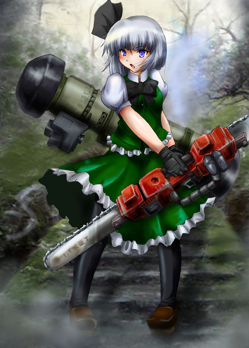 alternate_weapon blush chainsaw commentary_request double-blade female fgm-148_javelin gloves grey_hair highres kihou_no_gotoku_dmc konpaku_youmu pantyhose rocket_launcher shoes short_hair skirt socks solo touhou weapon