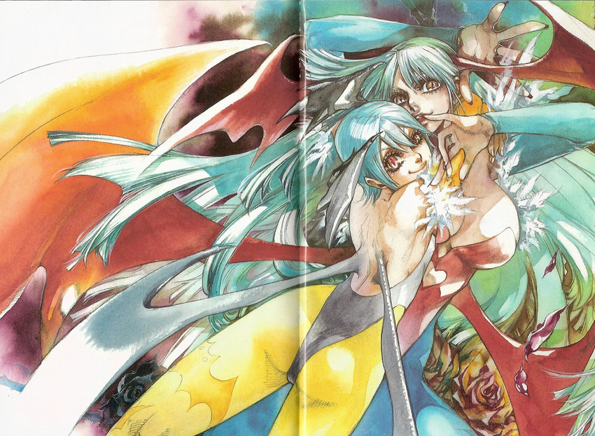 1990s_(style) 2girls alternate_color alternate_hair_color animal_print aqua_hair ass bare_back bat_print bat_wings biting breasts feathers flower highres hug itou_mami large_breasts lilith_aensland lips looking_at_viewer looking_back morrigan_aensland multiple_girls painting_(medium) pantyhose parted_lips petals print_pantyhose retro_artstyle rose rose_petals scan scan_artifacts siblings sisters slit_pupils traditional_media vampire_(game) watercolor_(medium) wings yellow_legwear