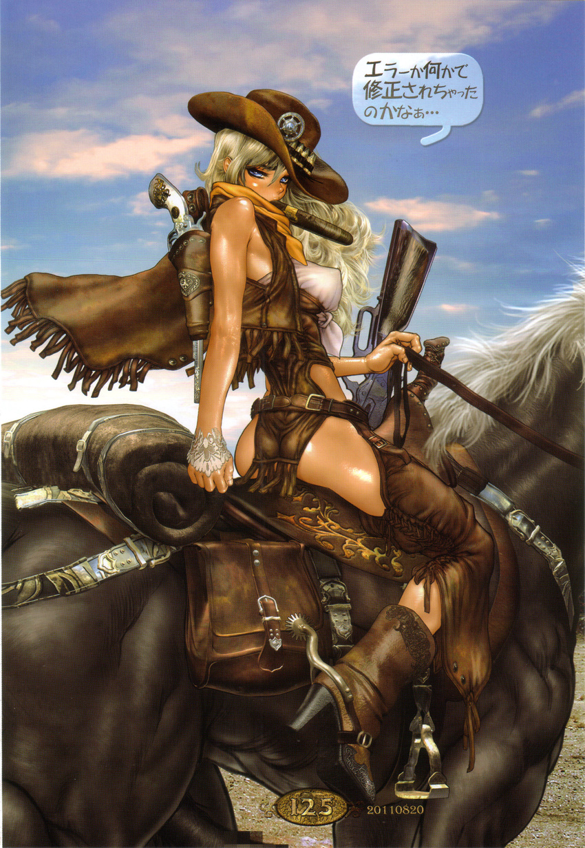 blonde_hair boots breasts chili_pepper cigar cowboy_boots cowboy_hat cowboy_western female fringe_trim gun habanero_pepper hat highres horse juliona_trans large_breasts long_hair looking_at_viewer looking_back photoshop_(medium) rifle shiny_skin shirow_masamune solo translation_request weapon wild_wet_west