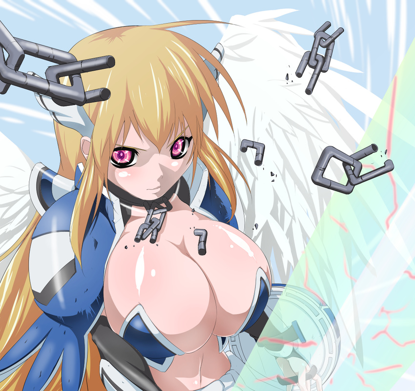 android angel_wings astraea_(sora_no_otoshimono) bad_id bad_pixiv_id blonde_hair breasts chains chirumakuro cleavage collarbone duplicate energy_sword feathered_wings female glaring head_wings huge_breasts image_sample large_breasts long_hair navel pixel-perfect_duplicate pixiv_sample purple_eyes shield shoulder_pads solo sora_no_otoshimono sword weapon wings