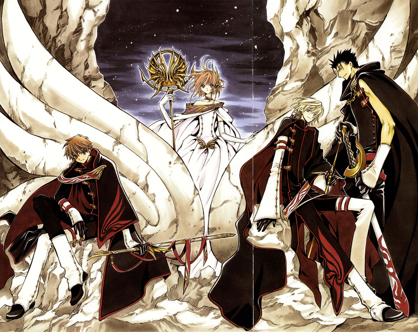 3boys absurdres black_cape black_cloak black_gloves black_hair blonde_hair brown_hair cape clamp_(circle) cloak crease dress fai_d._flowright female gloves hand_on_hilt highres holding holding_staff holding_sword holding_weapon kurogane_(tsubasa_chronicle) long_sleeves looking_at_viewer multiple_boys photoshop_(medium) sakura_hime scan short_hair sitting staff sword tsubasa_chronicle weapon white_dress wide_sleeves xiaolang