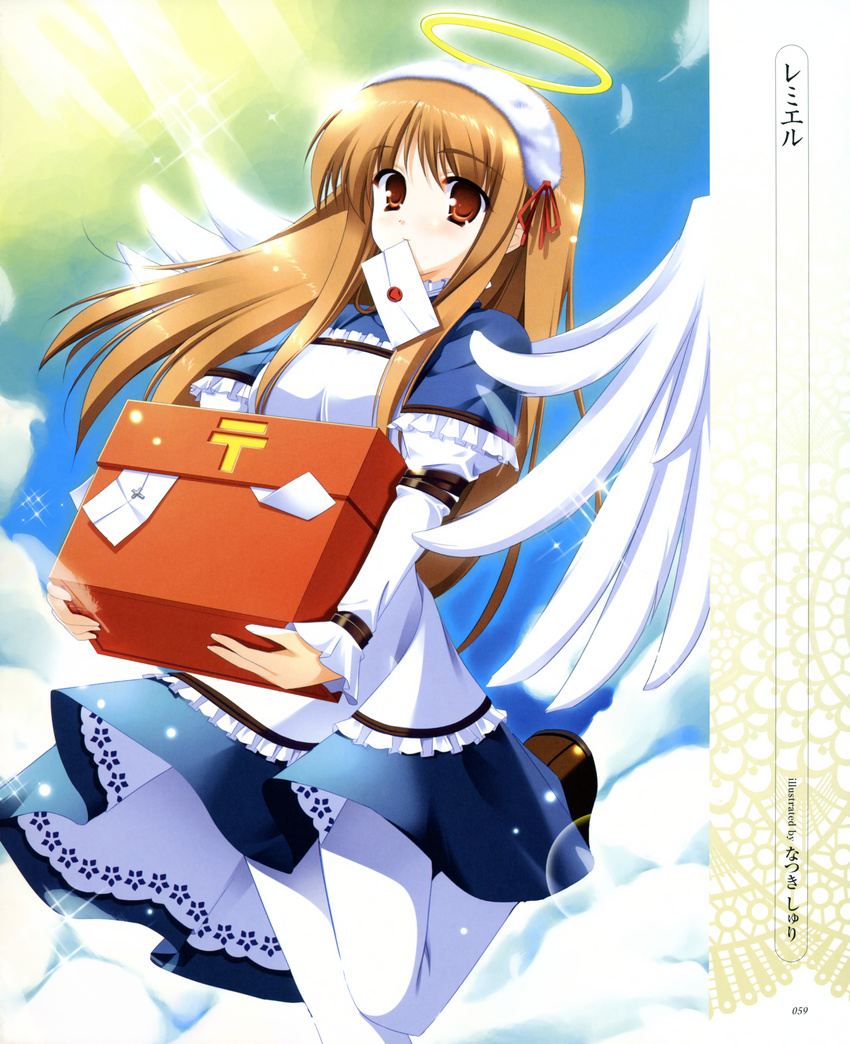 absurdres angel angel_wings box brown_eyes brown_hair dress feathered_wings feathers female frills hairband halo highres japanese_postal_mark letter long_hair maid moe_moe_tenshi_jiten_side_shiro mouth_hold natsuki_shuri pantyhose postbox_(outgoing_mail) puffy_sleeves remiel_(angel) sky solo standing standing_on_one_leg translated white_pantyhose wings