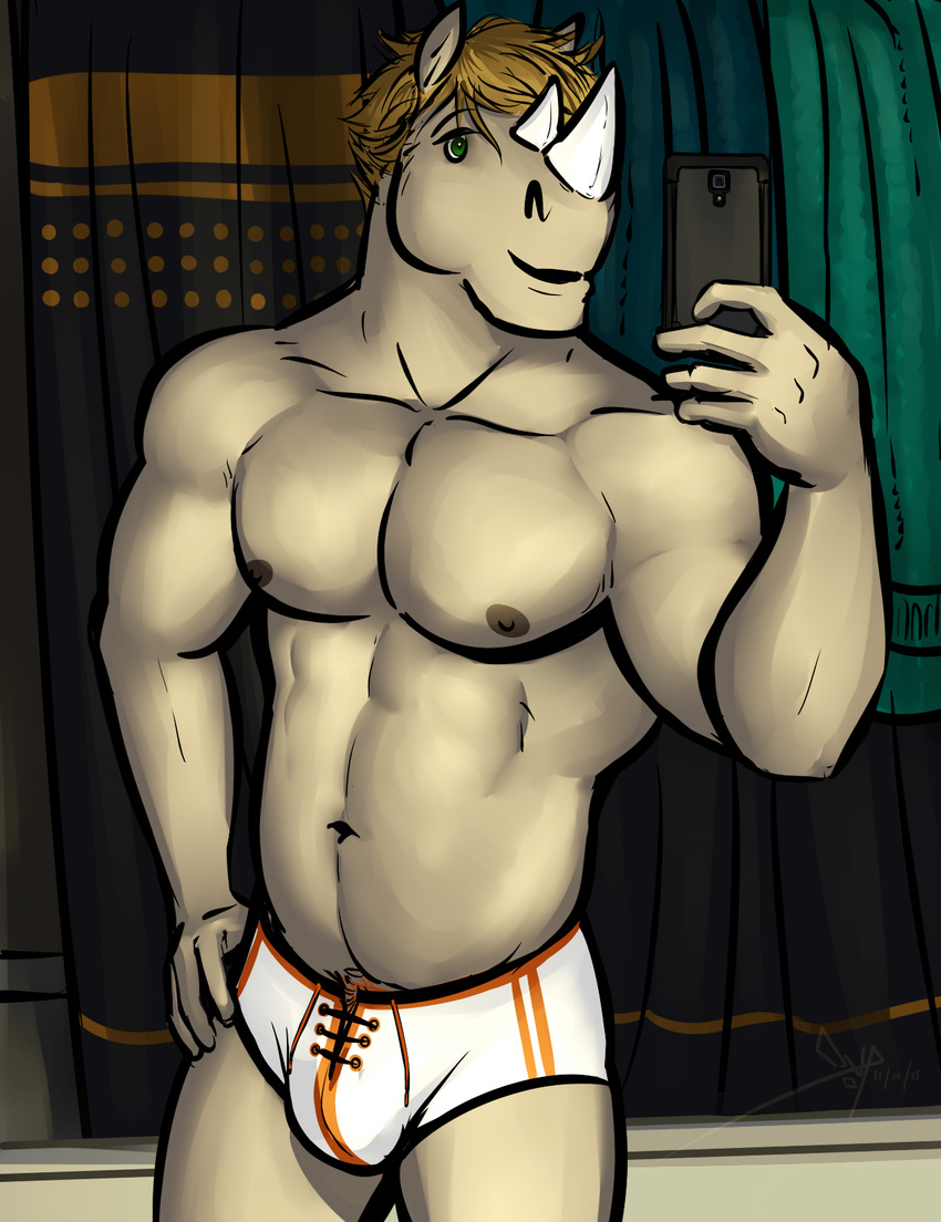 abs adharc anthro bathroom bgn biceps blonde_hair bulge clothed clothing electronics green_eyes grey_body grey_skin hair hi_res horn male mammal muscular muscular_anthro muscular_male nipples pecs phone pose rhinoceros selfie smile solo thorsoneyja topless towel underwear