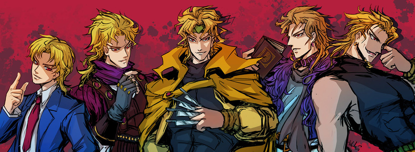 5boys birthmark blonde_hair commentary_request dio_brando ear_birthmark hideki jojo_no_kimyou_na_bouken multiple_boys multiple_persona phantom_blood photoshop_(medium) red_eyes stardust_crusaders