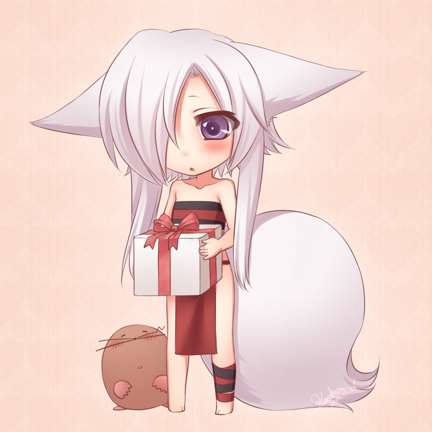 aika_(konshin) animal_ears artist_self-insert bare_shoulders barefoot blush chibi commentary_request female fox_ears fox_tail full_body gift hair_over_one_eye holding holding_gift konshin konshin_(character) long_hair mole_(animal) open_mouth original purple_eyes short_hair_with_long_locks signature simple_background solo tail whiskers white_hair