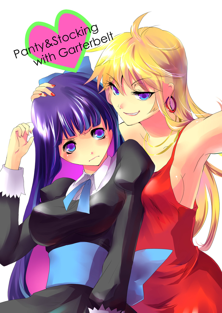 2girls absurdres bad_id bad_pixiv_id blonde_hair dress earrings grin highres jewelry kobanzame long_hair multicolored_hair multiple_girls panty_&_stocking_with_garterbelt panty_(psg) purple_eyes purple_hair red_dress siblings sisters smile smirk stocking_(psg)