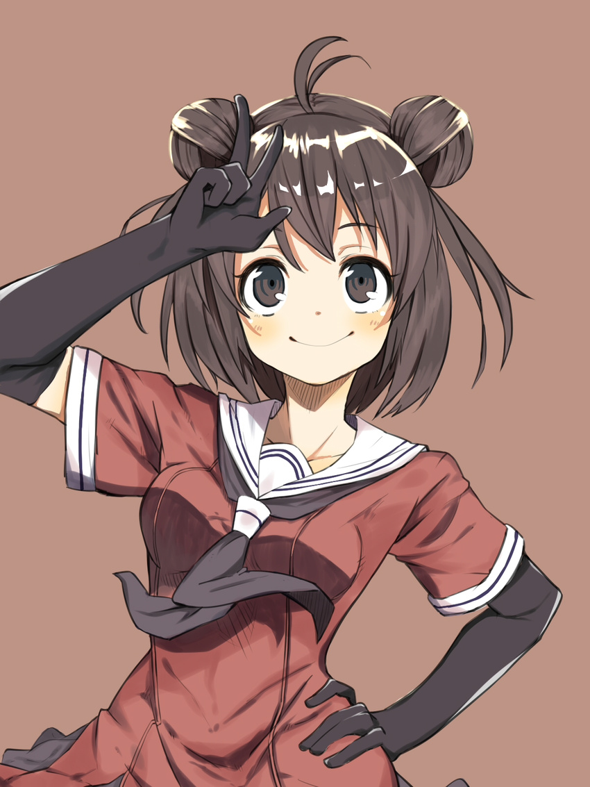 antenna_hair black_hair commentary_request double_bun female gloves hair_bun highres izayoi_cha kantai_collection long_hair naka_(kancolle) school_uniform serafuku solo v