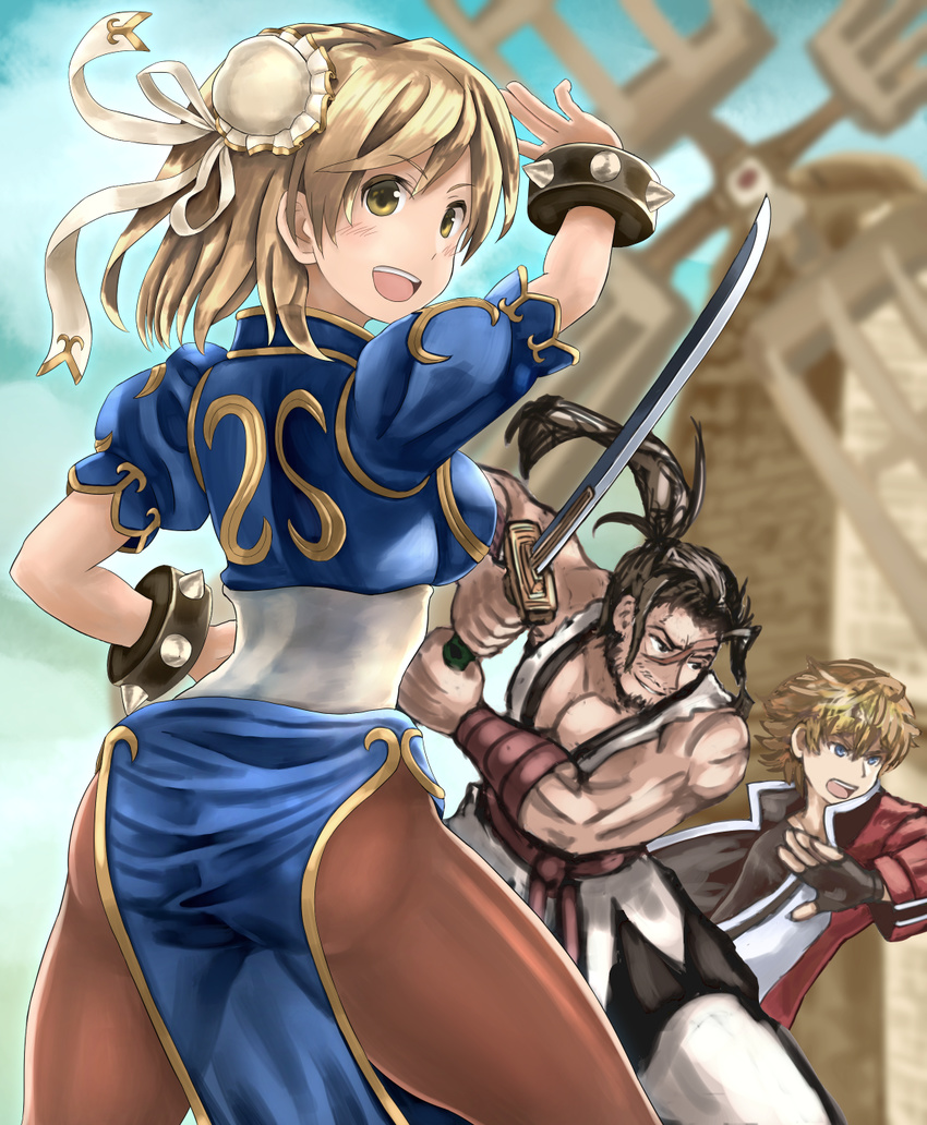 2boys ass attack bun_cover capcom chinese_clothes chun-li chun-li_(cosplay) commentary_request cosplay djeeta_(granblue_fantasy) fatal_fury feather_(granblue_fantasy) female garou:_mark_of_the_wolves granblue_fantasy haoumaru haoumaru_(cosplay) highres jin_(granblue_fantasy) katana look-alike multiple_boys pantyhose pelvic_curtain rock_howard rock_howard_(cosplay) samurai_spirits sash snk street_fighter sword takahashi_rodemu weapon