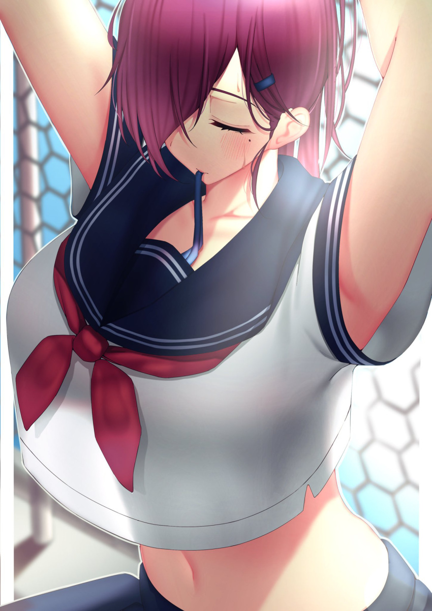 arms_up azur_lane black_sailor_collar black_skirt blue_ribbon breasts chain-link_fence closed_eyes crop_top crop_top_overhang day female fence hair_over_one_eye hair_tie_in_mouth highres large_breasts long_hair midriff miyuki_(9029009) mole mole_under_eye mouth_hold navel neckerchief official_alternate_costume outdoors purple_hair red_neckerchief ribbon sailor_collar school_uniform see-through see-through_shirt see-through_silhouette shirt shirt_overhang short_sleeves skirt solo trieste_(azur_lane) trieste_(rooftop_lunch_break)_(azur_lane) tying_hair white_shirt