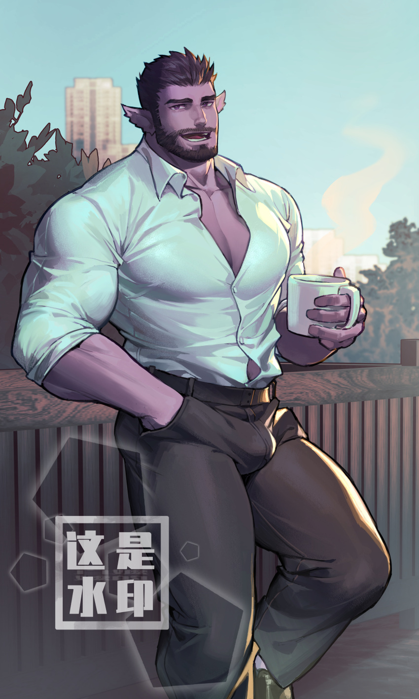 1boy absurdres against_fence baimeme bara beard bulge bursting_pectorals collared_shirt colored_skin commission cup facial_hair feet_out_of_frame fence hair_slicked_back hand_in_pocket highres holding holding_cup large_pectorals looking_at_viewer male_focus mature_male moustache mug muscular muscular_male oc_(eros-cogito) original partially_unbuttoned pectoral_cleavage pectorals pointy_ears purple_eyes purple_skin shirt short_hair sleeves_rolled_up soccer solo standing thick_eyebrows thick_thighs thighs