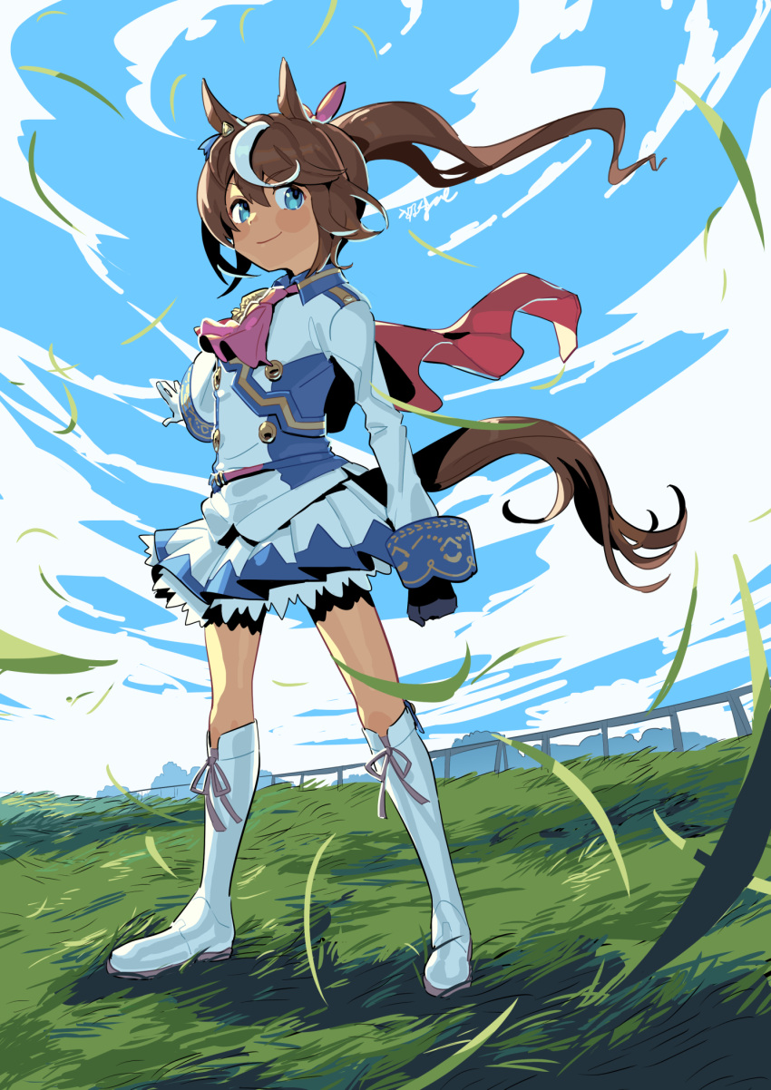 animal_ears ascot asymmetrical_gloves blue_eyes boots brown_hair female gloves grass highres horse_ears horse_girl horse_tail kakuzato long_hair mismatched_gloves multicolored_hair ponytail signature skirt smile solo streaked_hair tail tokai_teio_(umamusume) two-tone_hair umamusume white_hair wind