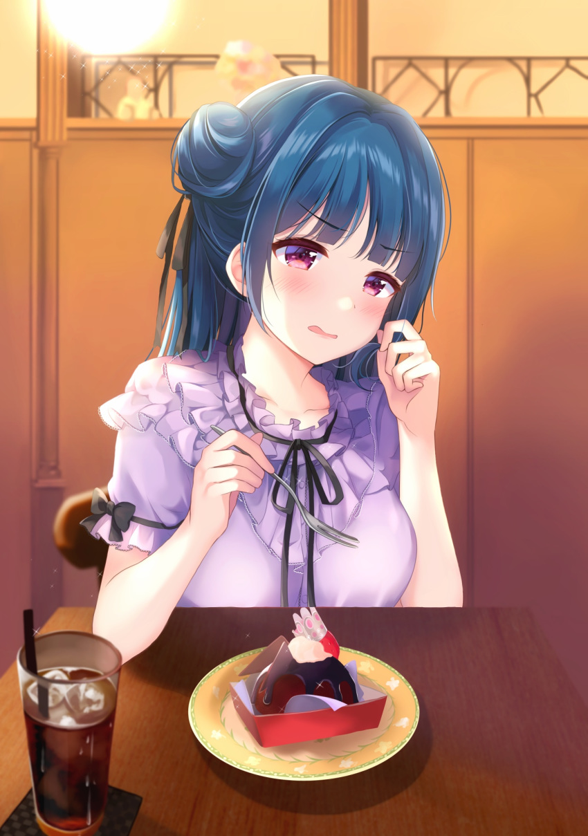 black_ribbon blue_hair blunt_bangs blurry blurry_background breasts chair collarbone cup depe dessert drinking_straw female food fork frilled_shirt frills hair_bun hands_up highres holding holding_fork ice ice_cube indoors long_hair looking_at_viewer love_live! love_live!_sunshine!! medium_breasts neck_ribbon open_mouth pink_eyes plate pov_across_table purple_shirt ribbon shirt short_sleeves single_hair_bun sitting soda solo table tsushima_yoshiko upper_body wooden_table