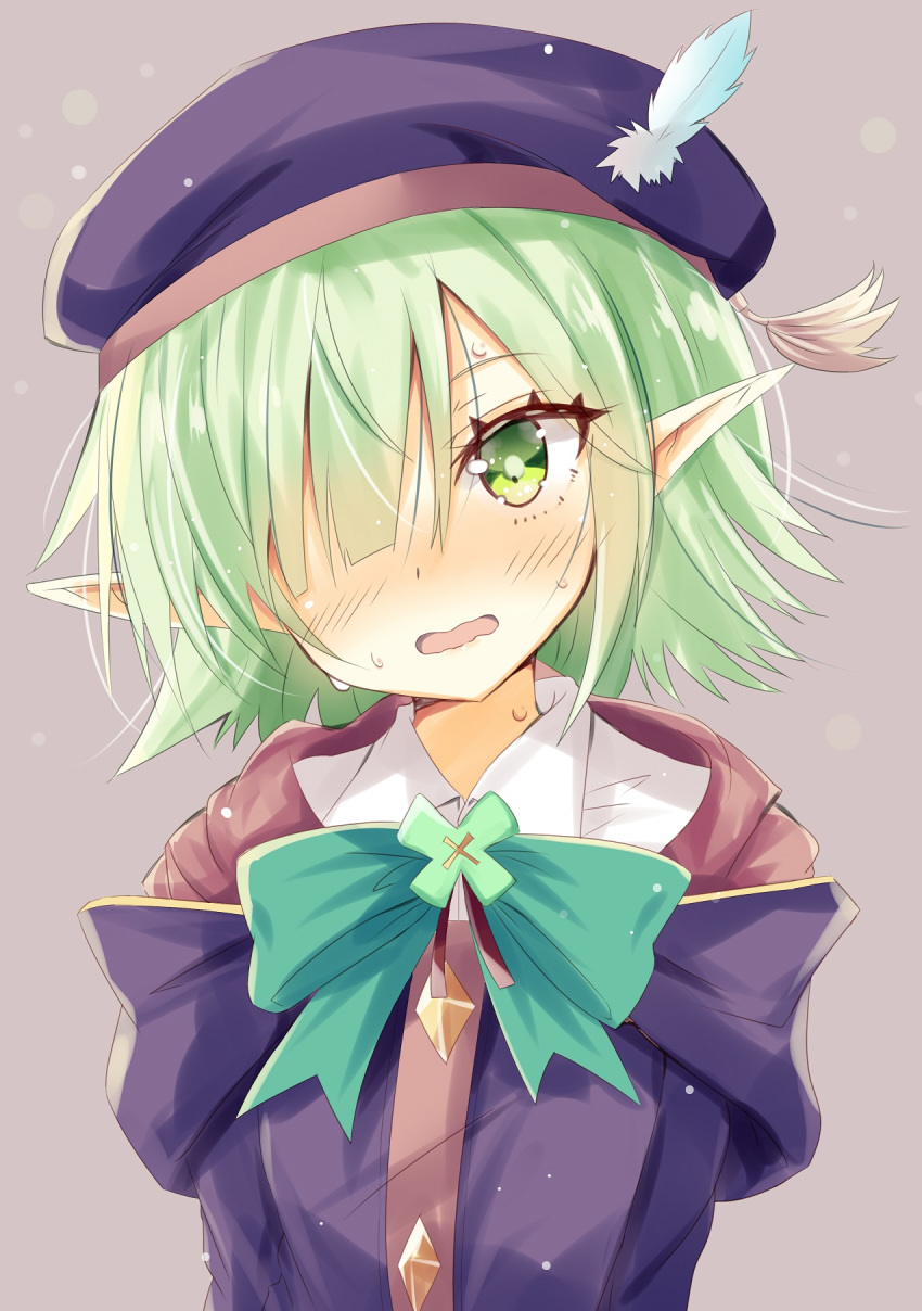 aoi_(princess_connect!) aoi_(transfer_student)_(princess_connect!) beret black_coat blue_hat blush bow brown_background coat collared_shirt commentary_request elf feathers female green_bow green_eyes green_hair hair_over_one_eye hat hat_feather head_tilt highres hizaka hood hooded_coat nose_blush open_mouth pointy_ears princess_connect! school_uniform shirt short_hair solo st._theresa's_girls_academy_school_uniform sweat upper_body wavy_mouth white_feathers white_shirt